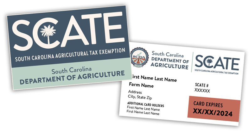 front and back image of the SCDA's SCATE card for agricultural Sales Tax exemptions