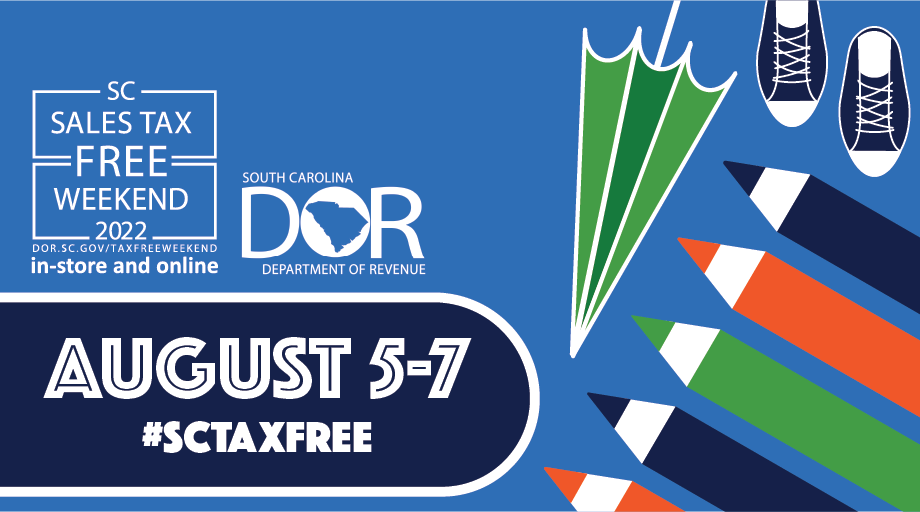 Illustration showing SC Tax Free Weekend 2021 August 6-8 #SCTaxFree with colored pencils, an umbrella, and shoes