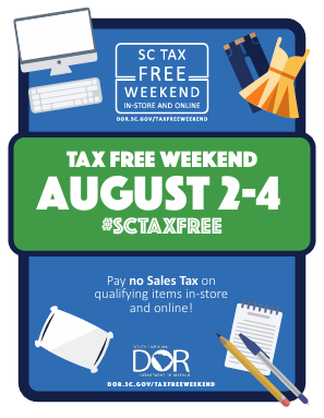 flyer displaying Tax Free Weekend details with computer, keyboard, jeans, dress, pillow, notepad, and penciil and pen