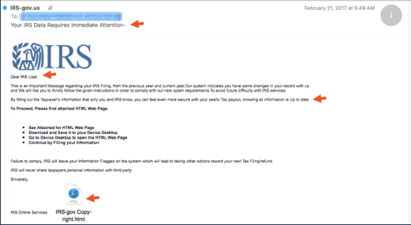 phishing example email - red flags include: Your IRS data requires immediate attention, dear IRS User, grammatical mistakes, attachment 